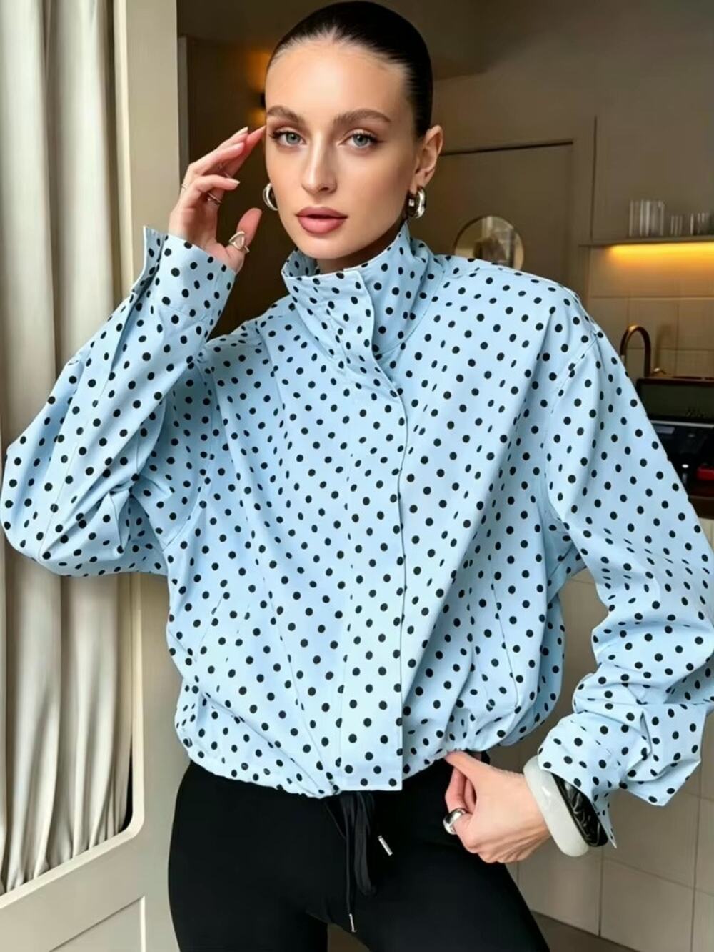 NWT L Light Blue Polka Dot Cropped Jacket Funnel Neck Windbreaker Shacket